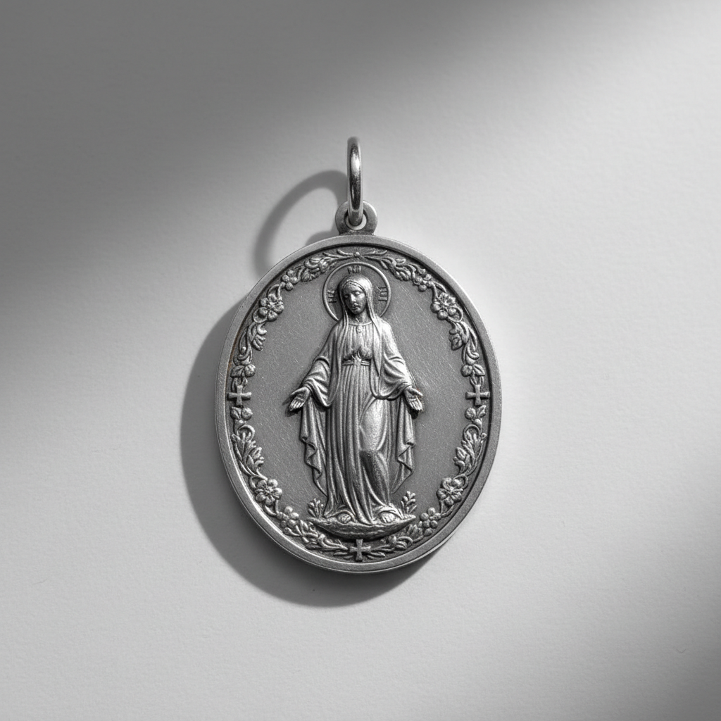 Medalha religiosa metálica em formato oval, com figura sacra em alto-relevo.
Acabamento realista de joalheria (prata ou aço), com detalhes finos e volume natural.
Argola superior proporcional para corrente.
Foto de produto realista, iluminação de estúdio suave, sombras discretas.
Fundo claro e limpo, composição centralizada.
Sem texto, sem marcas, sem pessoas.