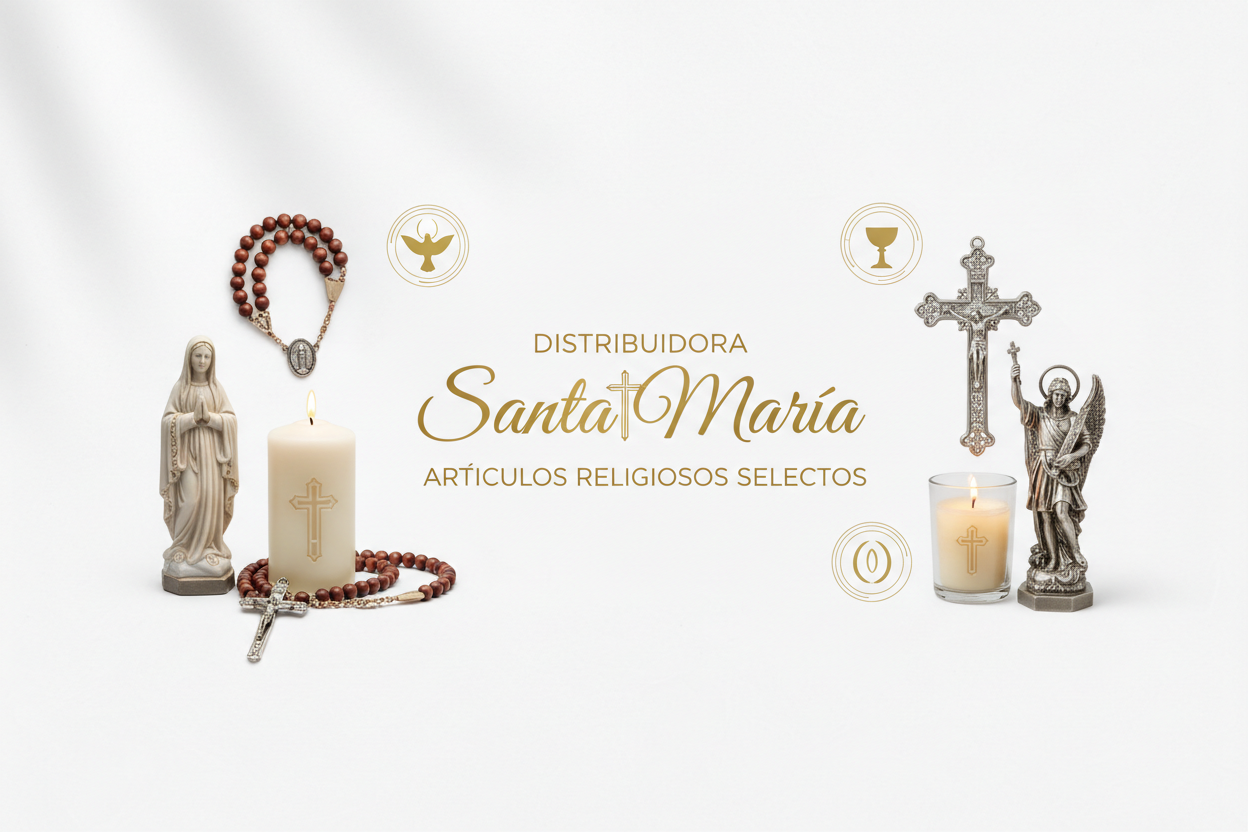crie um banner para distribuidora santa maria com cor branco e itens religiosos para um site 