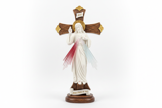 Crucifixo com imagem de Divina Misericórdia em resina