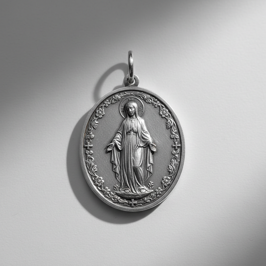 Medalha religiosa metálica em formato oval, com figura sacra em alto-relevo.
Acabamento realista de joalheria (prata ou aço), com detalhes finos e volume natural.
Argola superior proporcional para corrente.
Foto de produto realista, iluminação de estúdio suave, sombras discretas.
Fundo claro e limpo, composição centralizada.
Sem texto, sem marcas, sem pessoas.